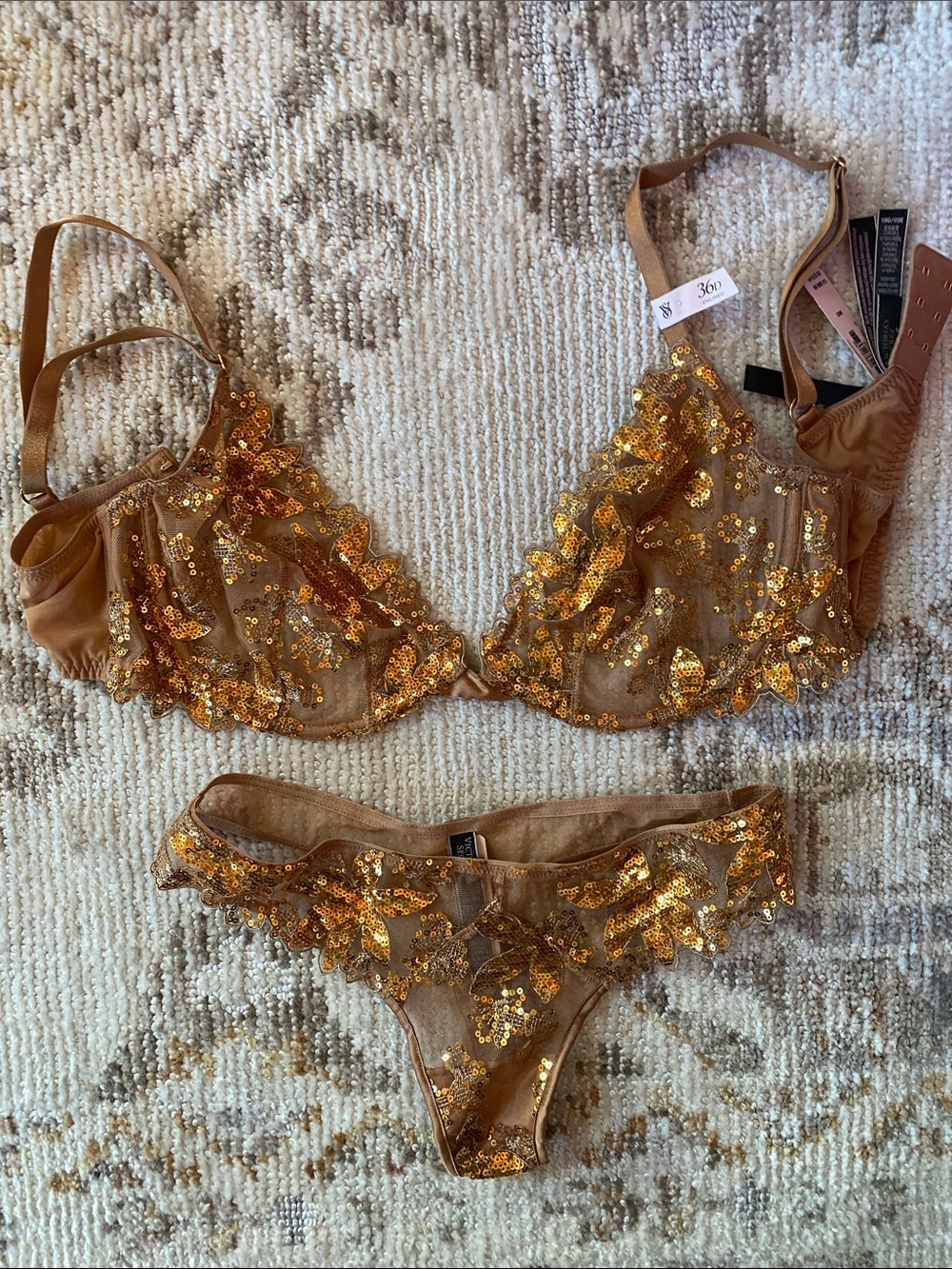 Victoria's Secret Gold Sequined Mesh Bra & Brief Set